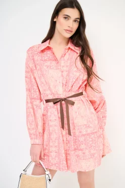 Hot KIKISIX ABITO CORTO COLLO CAMICIA MUSSOLA STAMPA CON CINTURA ROSA
