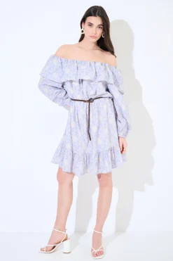 Best KIKISIX ABITO CORTO SPALLE SCOPERTE MUSSOLA STAMPATA CON CINTURA CELESTE