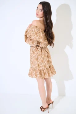 Discount KIKISIX ABITO CORTO SPALLE SCOPERTE MUSSOLA STAMPATA CON CINTURA TABACCO