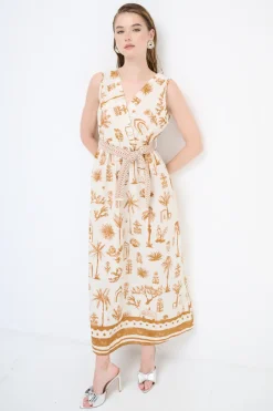 Fashion KIKISIX ABITO INCROCIATO BALZA SOTTO + CINTURA BEIGE/TABACCO