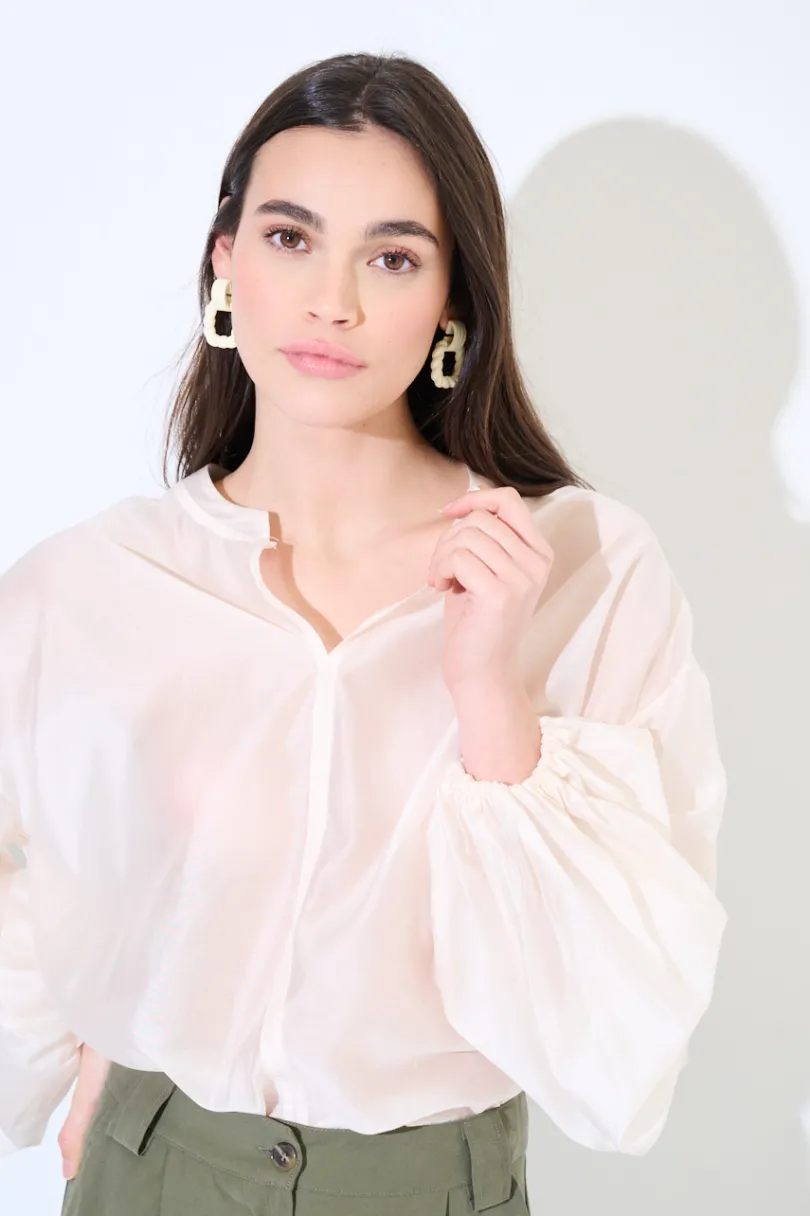 Best KIKISIX BLUSA SCOLLO V VOILE CON MANICA AMPIA ELASTICO PANNA