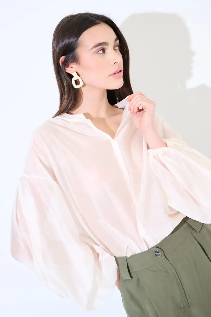 Best KIKISIX BLUSA SCOLLO V VOILE CON MANICA AMPIA ELASTICO PANNA