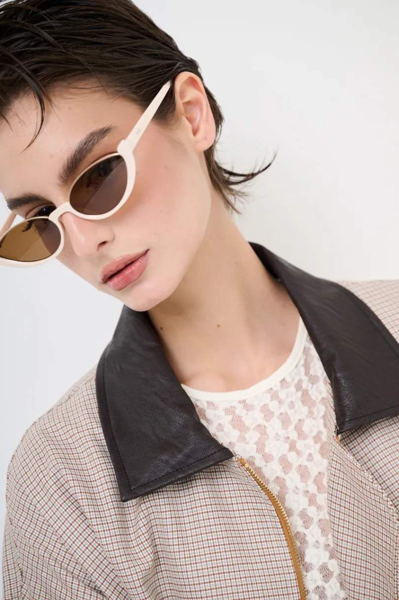 Fashion KIKISIX BOMBER QUADRETTO CON COLLO ECOPELLE MORO