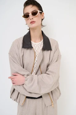 Fashion KIKISIX BOMBER QUADRETTO CON COLLO ECOPELLE MORO