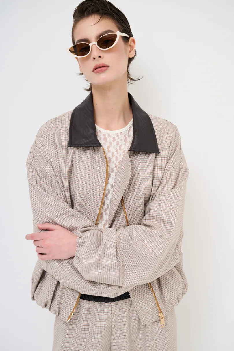 Fashion KIKISIX BOMBER QUADRETTO CON COLLO ECOPELLE MORO