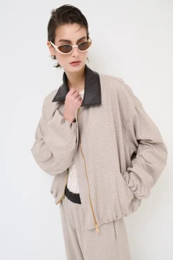 Fashion KIKISIX BOMBER QUADRETTO CON COLLO ECOPELLE MORO