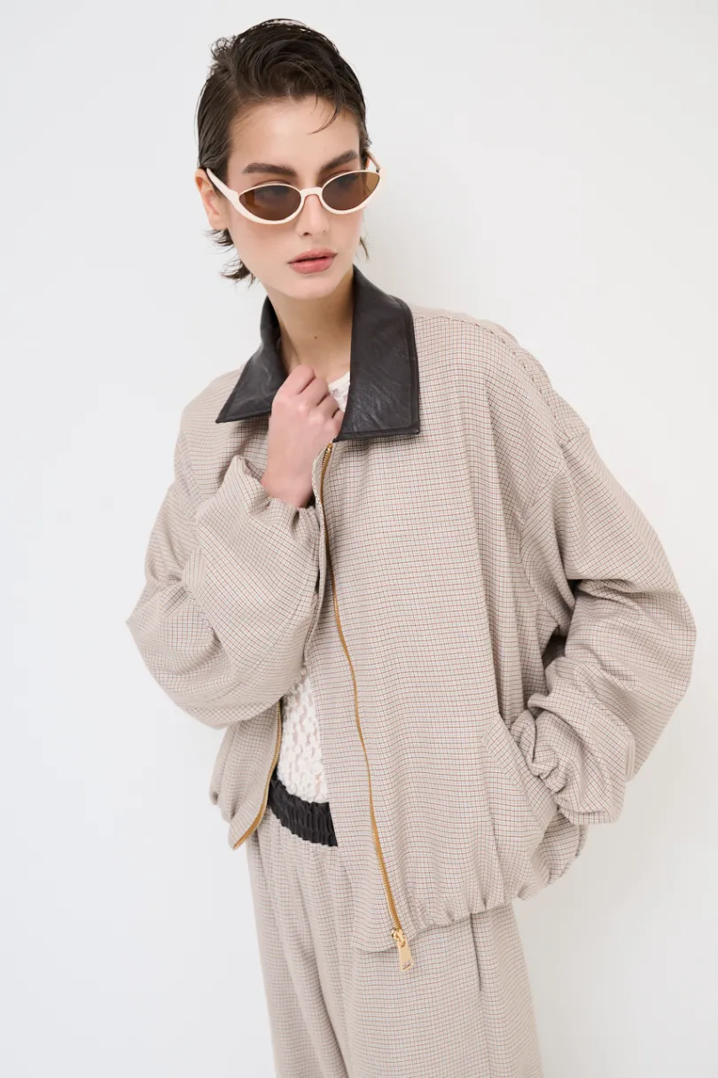 Fashion KIKISIX BOMBER QUADRETTO CON COLLO ECOPELLE MORO