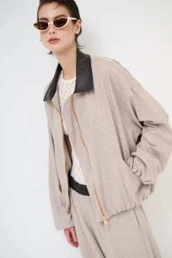 Fashion KIKISIX BOMBER QUADRETTO CON COLLO ECOPELLE MORO