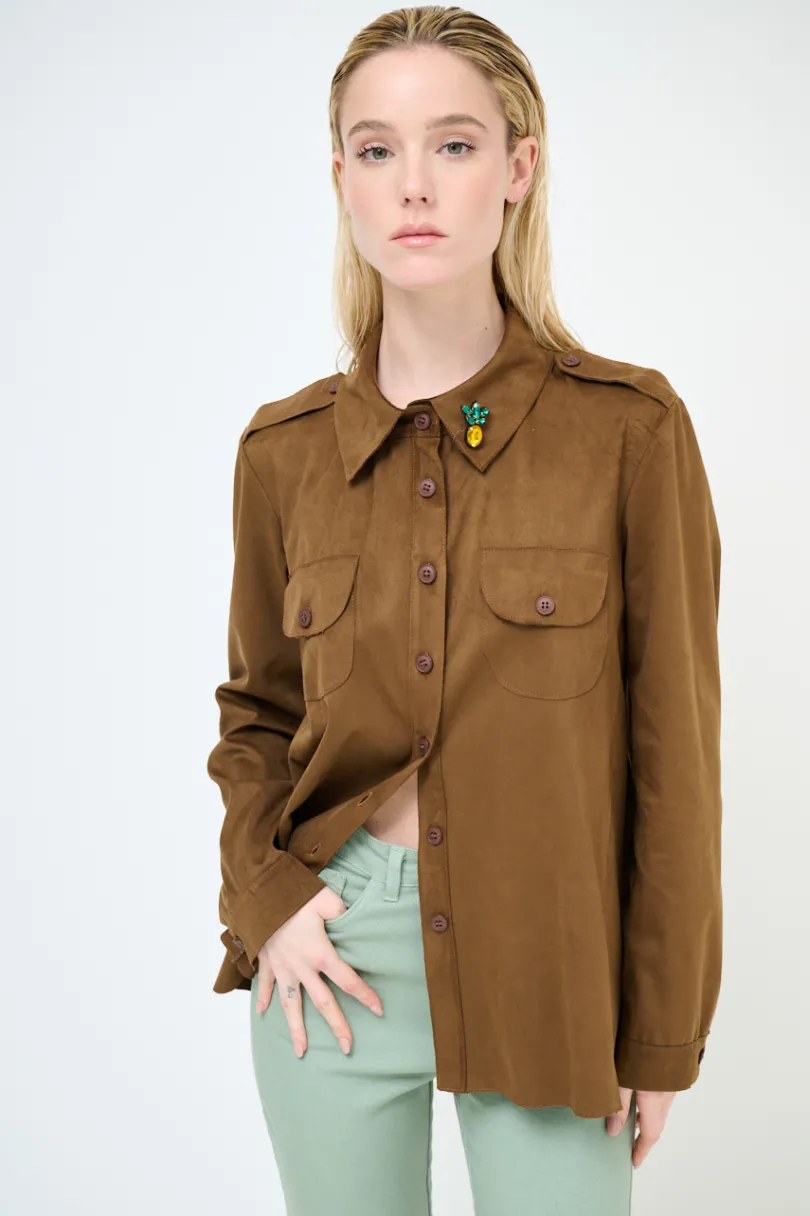 Outlet KIKISIX CAMICIA CON TASCHE SPILLA ANANAS TABACCO