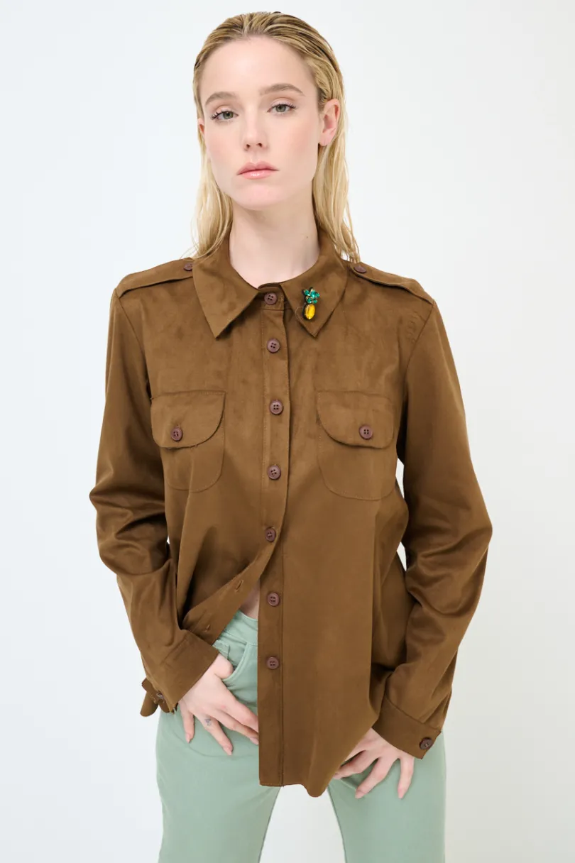 Outlet KIKISIX CAMICIA CON TASCHE SPILLA ANANAS TABACCO