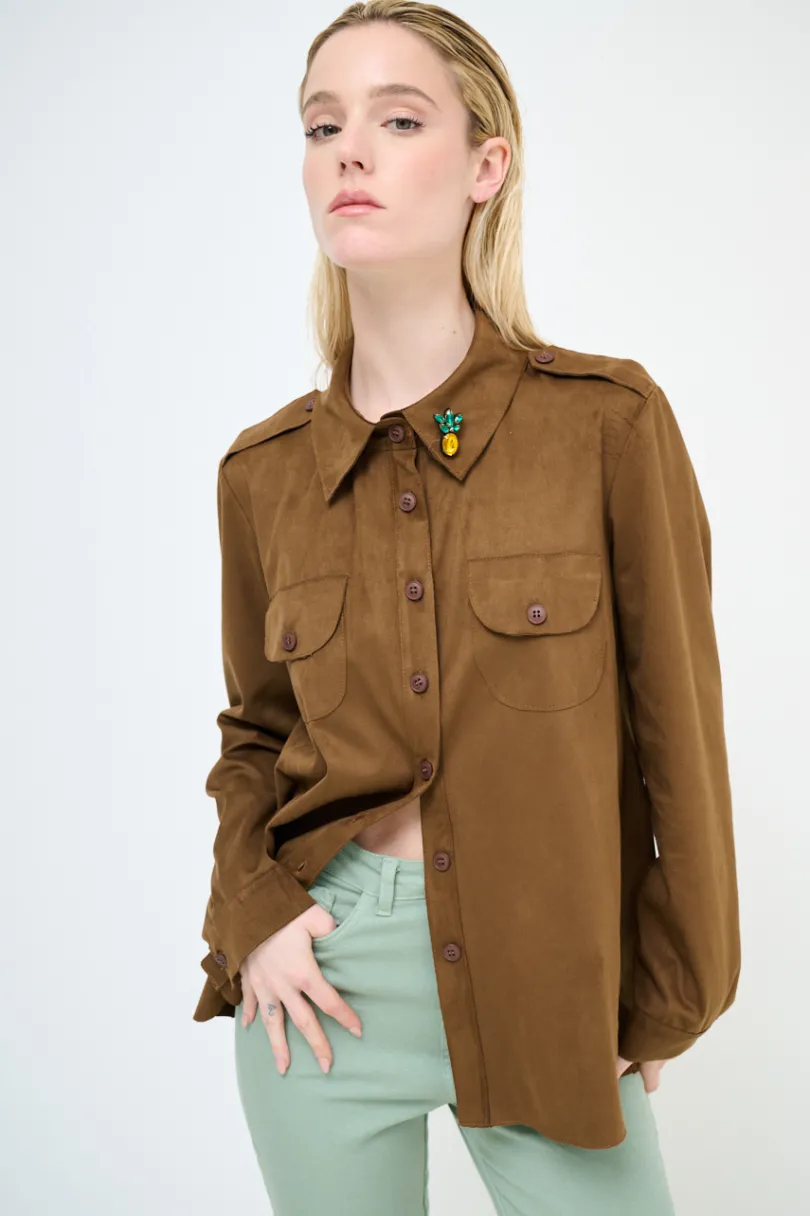 Outlet KIKISIX CAMICIA CON TASCHE SPILLA ANANAS TABACCO