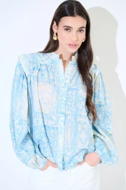 Discount KIKISIX CAMICIA COREANA MUSSOLA STAMPATA CON PIEGHE SU SPALLE AZZURRO