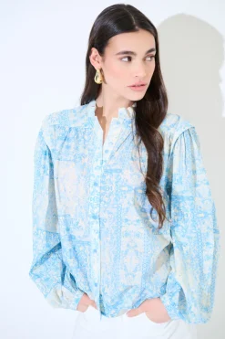 Discount KIKISIX CAMICIA COREANA MUSSOLA STAMPATA CON PIEGHE SU SPALLE AZZURRO