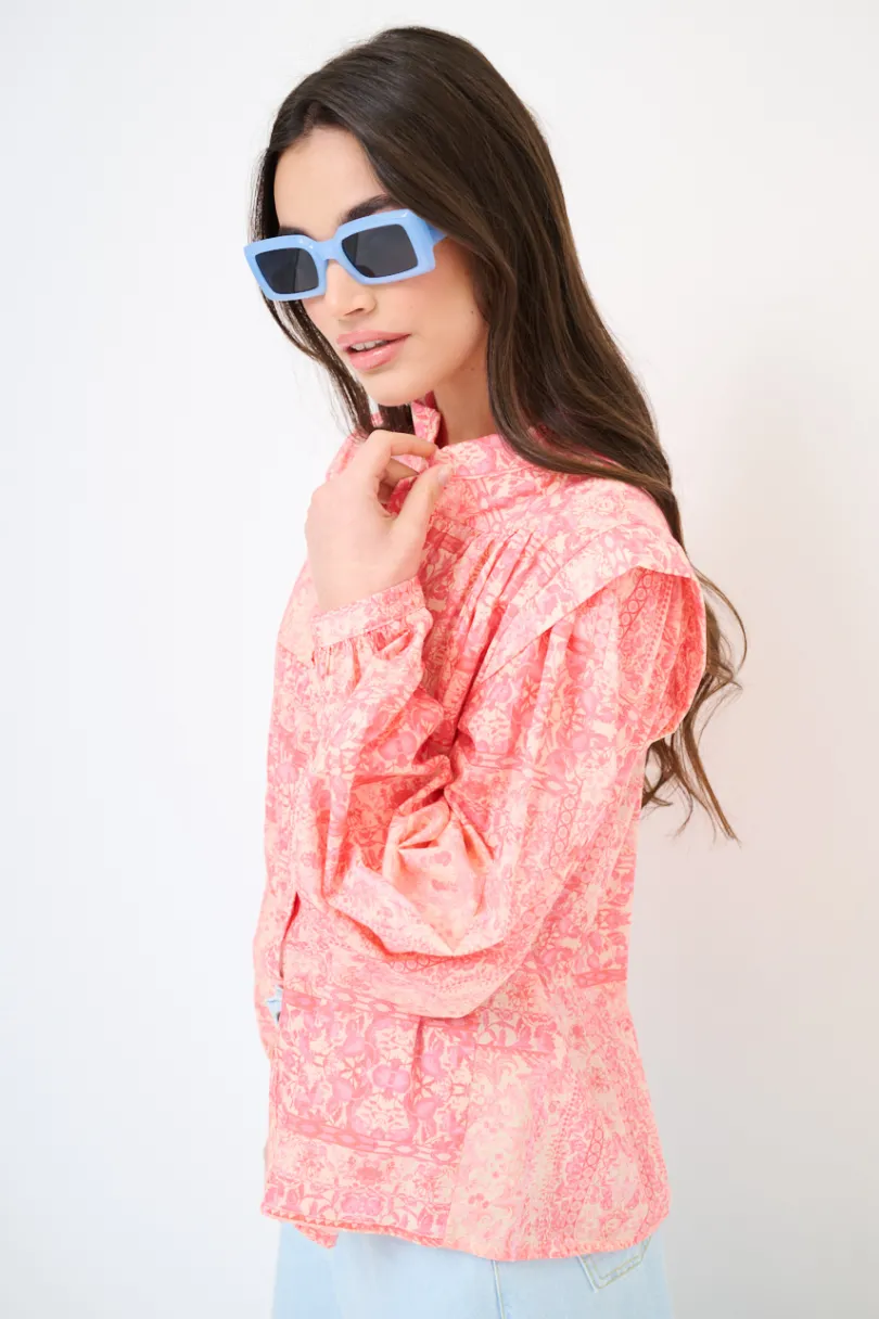 Discount KIKISIX CAMICIA COREANA MUSSOLA STAMPATA CON PIEGHE SU SPALLE ROSA