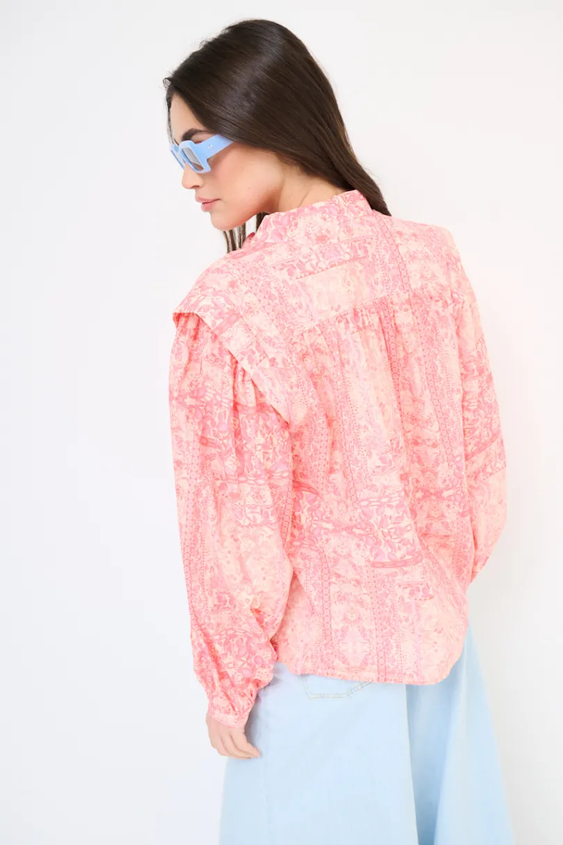 Discount KIKISIX CAMICIA COREANA MUSSOLA STAMPATA CON PIEGHE SU SPALLE ROSA