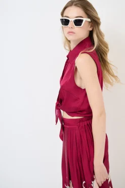 Best KIKISIX CAMICIA CROP CON NODO SMANICATA VINO