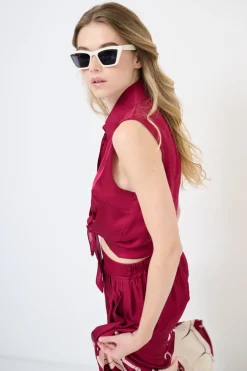 Best KIKISIX CAMICIA CROP CON NODO SMANICATA VINO