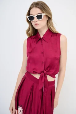 Best KIKISIX CAMICIA CROP CON NODO SMANICATA VINO