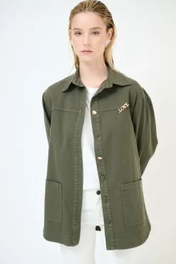 Fashion KIKISIX CAMICIA MILITARY CON STAMPA DIETRO E BOTTONI GIOIELLO VERDE MILI