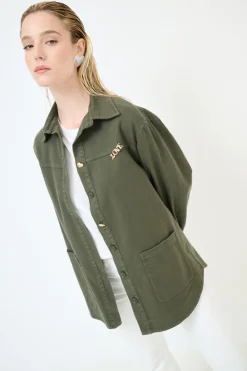 Fashion KIKISIX CAMICIA MILITARY CON STAMPA DIETRO E BOTTONI GIOIELLO VERDE MILI