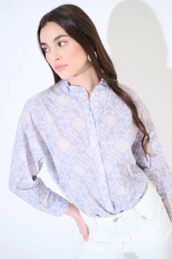 Outlet KIKISIX CAMICIA MUSSOLA STAMPATA CON COLLO COREANA ROUCHES DOPPIATA CELE