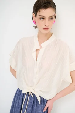 Discount KIKISIX CAMICIA VOILE CON NODO RIGA PANNA