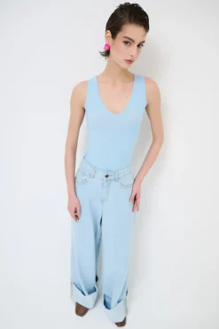 Outlet KIKISIX CANOTTA BASICO SETA A COSTE CELESTE