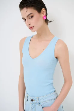 Outlet KIKISIX CANOTTA BASICO SETA A COSTE CELESTE