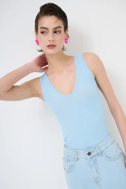 Outlet KIKISIX CANOTTA BASICO SETA A COSTE CELESTE