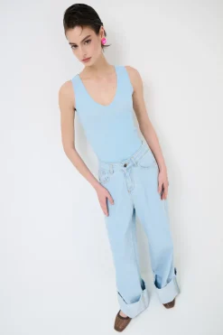 Outlet KIKISIX CANOTTA BASICO SETA A COSTE CELESTE