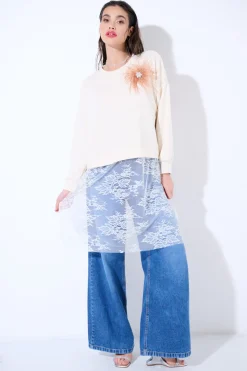 Online KIKISIX FELPA CON PIZZO SOTTO +PINZA PIUME BEIGE