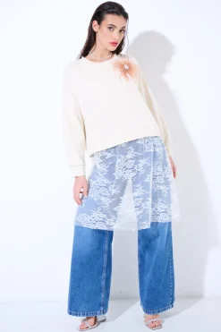 Online KIKISIX FELPA CON PIZZO SOTTO +PINZA PIUME BEIGE