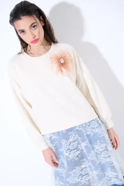 Online KIKISIX FELPA CON PIZZO SOTTO +PINZA PIUME BEIGE