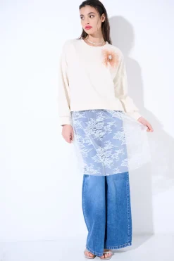 Online KIKISIX FELPA CON PIZZO SOTTO +PINZA PIUME BEIGE