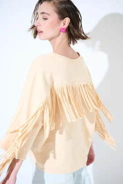 Outlet KIKISIX FELPA MANICA 3/4 CON FRANGE DT BEIGE