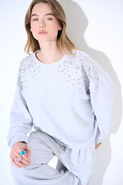 New KIKISIX FELPA OVERSIZE DIAMANTI SULLE SPALLE GRIGIO