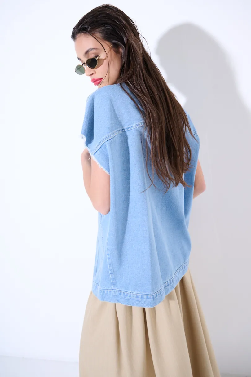 Discount KIKISIX GILET OVER TAGLIO VIVO BLU CHIARO