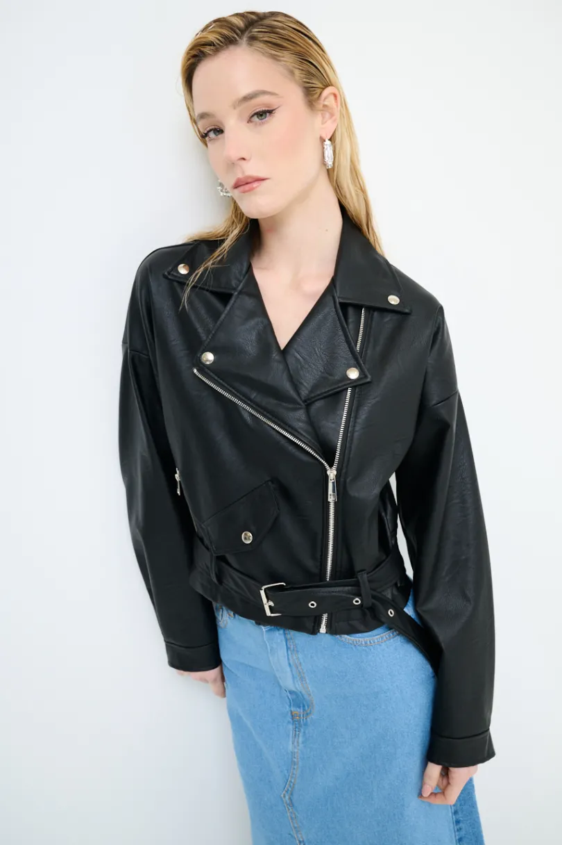 Outlet KIKISIX GIUBBOTTO OVER ECOPELLE NERO