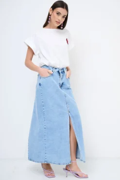 New KIKISIX GONNA LUNGA CON SPACCO E INSERTI A CONTRASTO BLU CHIARO