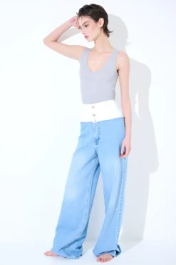 Sale KIKISIX JEANS CARGO CON CINTURINO BIANCO BLU CHIARO