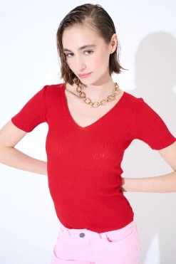 Outlet KIKISIX MAGLIA M.MANICA SCOLLO V COSTINA ROSSO