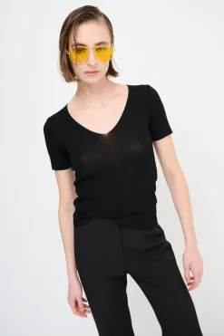 Discount KIKISIX MAGLIA M.MANICA SCOLLO V COSTINA NERO