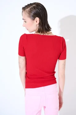 Outlet KIKISIX MAGLIA M.MANICA SCOLLO V COSTINA ROSSO