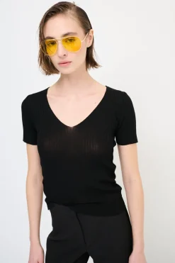 Discount KIKISIX MAGLIA M.MANICA SCOLLO V COSTINA NERO