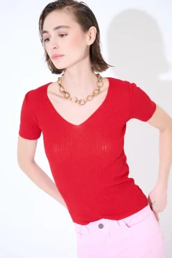 Outlet KIKISIX MAGLIA M.MANICA SCOLLO V COSTINA ROSSO