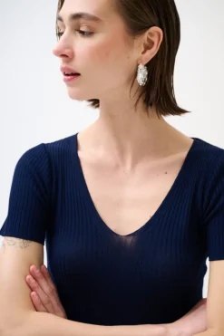 New KIKISIX MAGLIA M.MANICA SCOLLO V COSTINA BLU