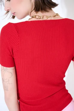 Outlet KIKISIX MAGLIA M.MANICA SCOLLO V COSTINA ROSSO