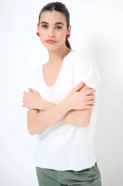 Discount KIKISIX MAGLIA OVER MEZZA MANICA SCOLLO V BIANCO