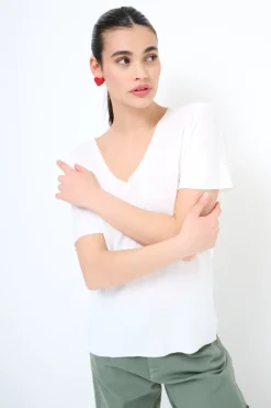 Discount KIKISIX MAGLIA OVER MEZZA MANICA SCOLLO V BIANCO