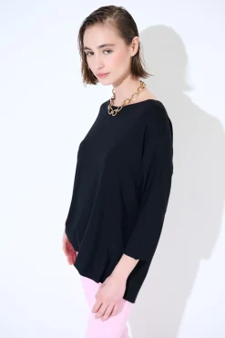 Clearance KIKISIX MAGLIA OVER SCOLLO BARCA MANICA 3/4 NERO